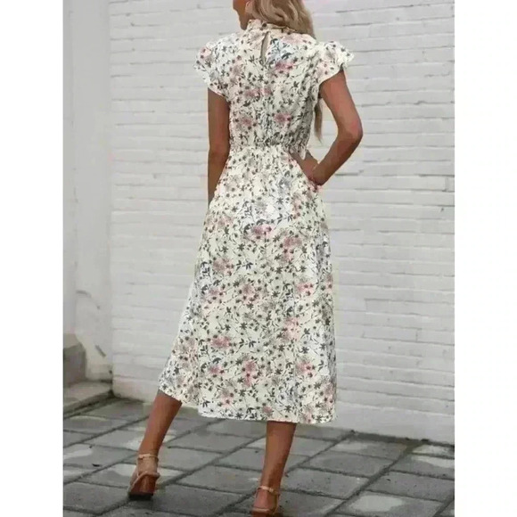 Sason White Floral Cap Short Sleeve Ruffle A-Line Flowy Boho Midi Dress Size S - Picture 3 of 10